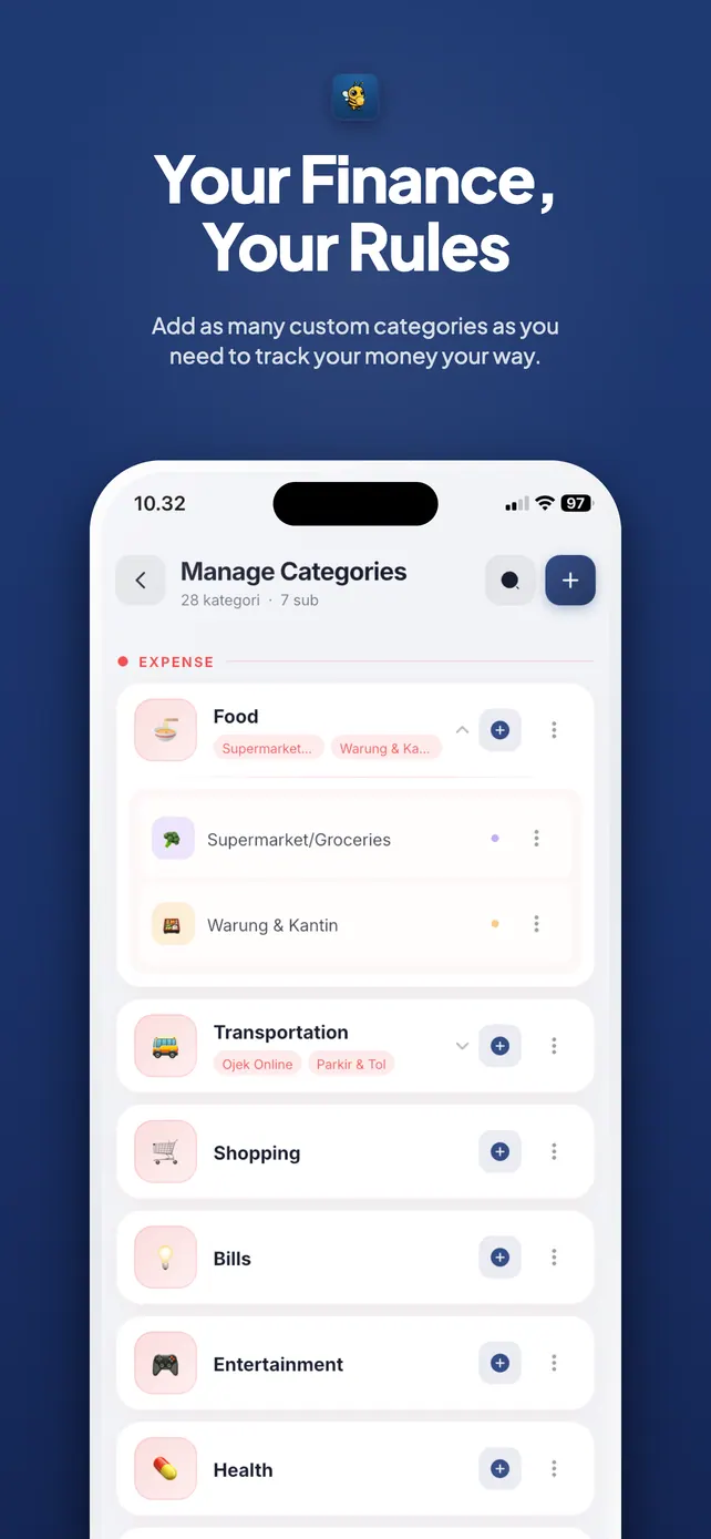Pengelolaan kategori dan subkategori keuangan di Nectar Wallet